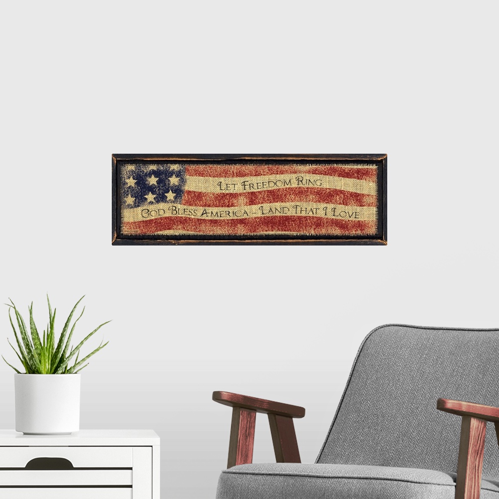 A modern room featuring God Bless America