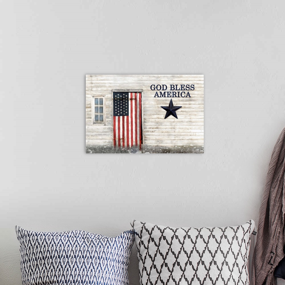 A bohemian room featuring God Bless American Flag