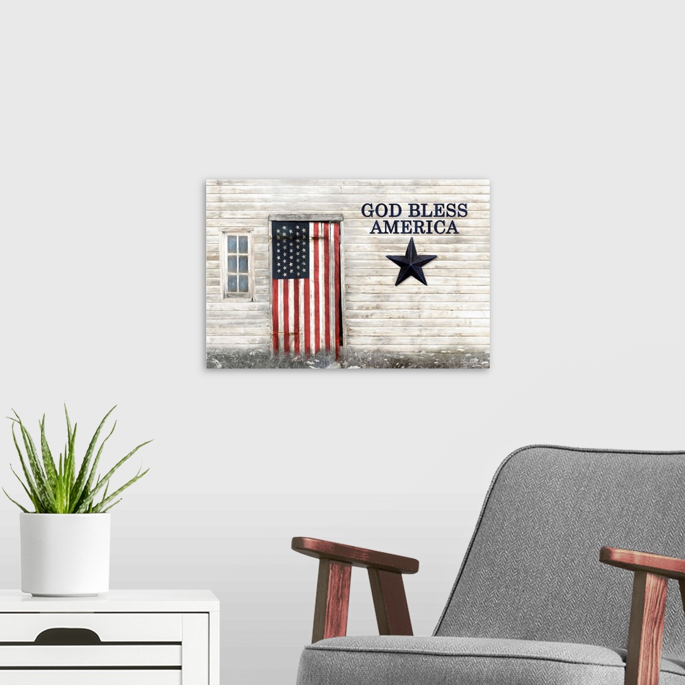 A modern room featuring God Bless American Flag