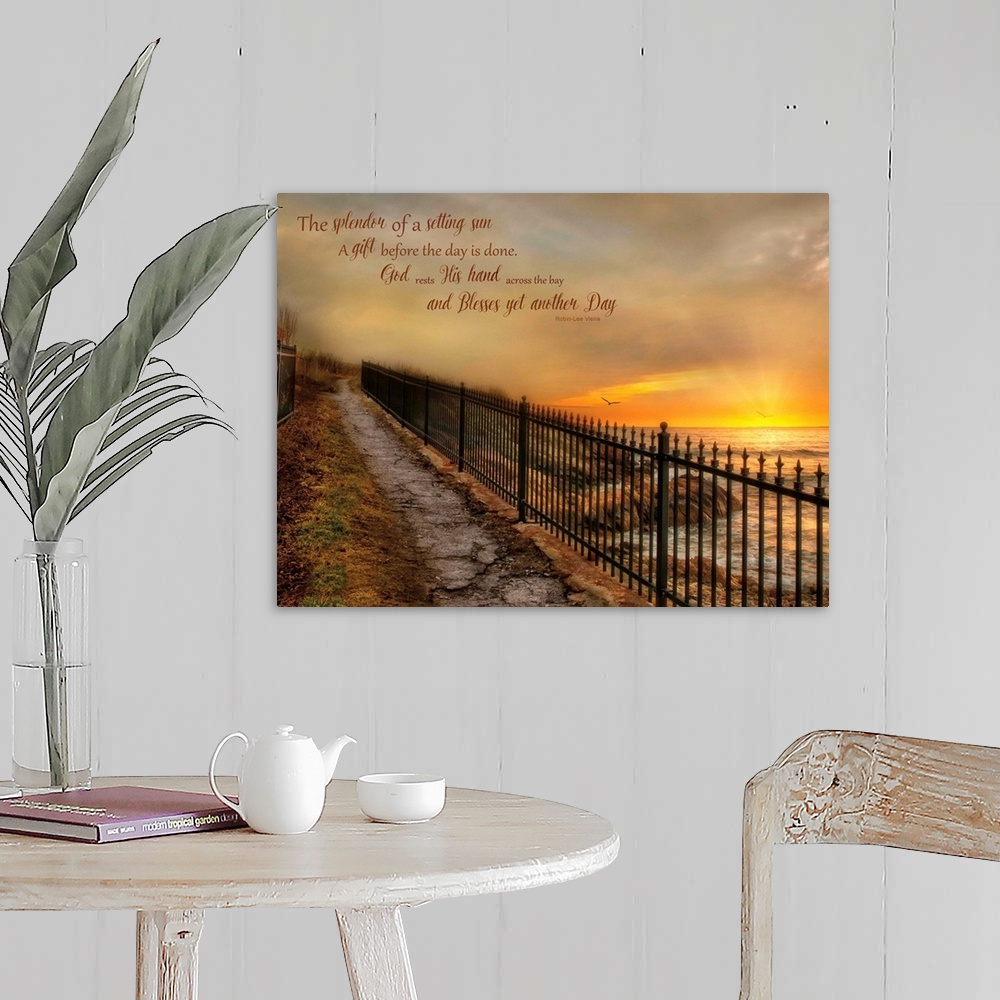 A farmhouse room featuring A walkway with an iron fence along the coast, with a bible verse.
