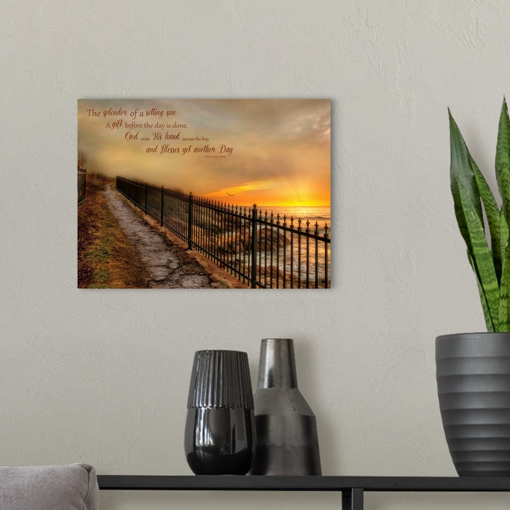A modern room featuring A walkway with an iron fence along the coast, with a bible verse.