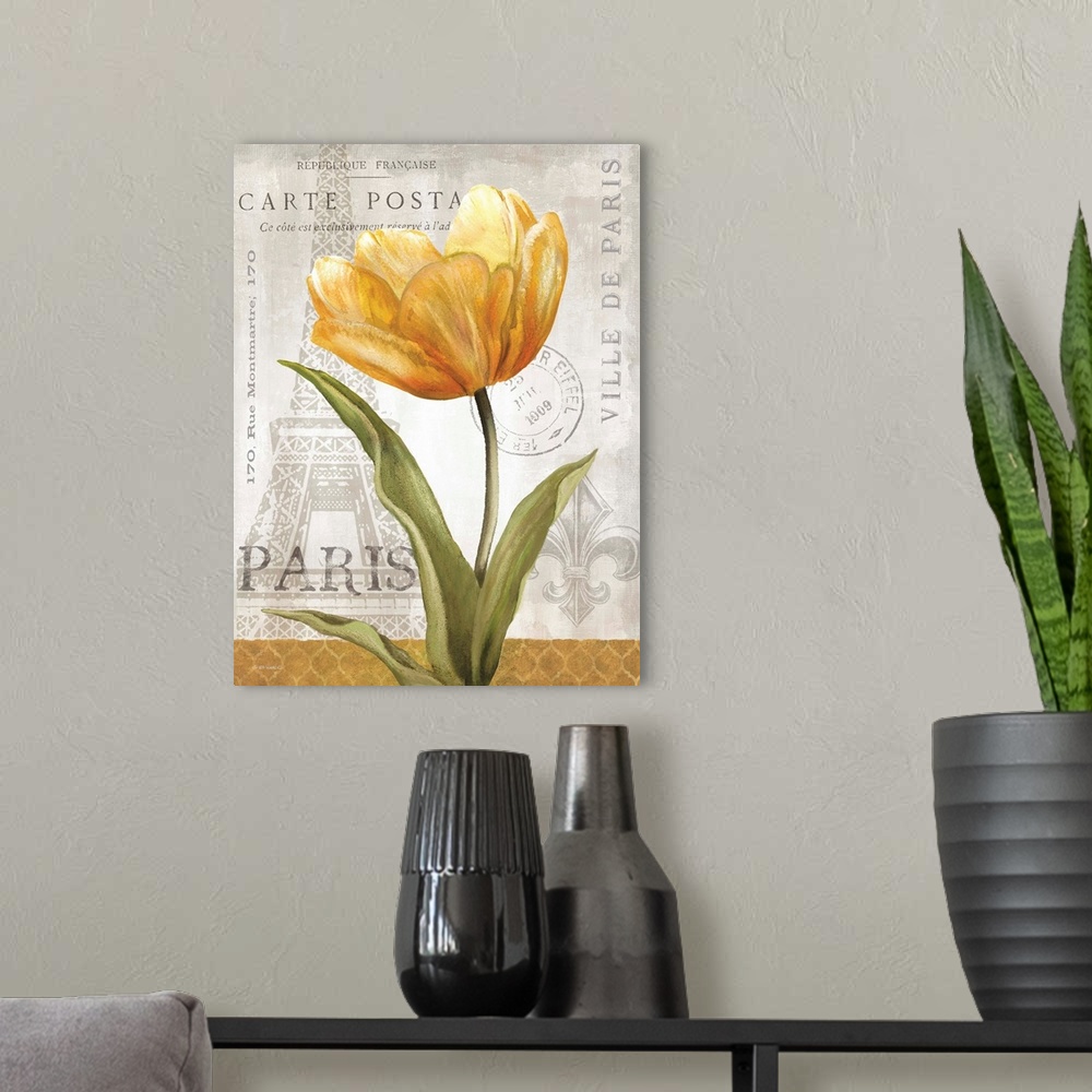 A modern room featuring Golden yellow flower against a vintage Parisian themed background.