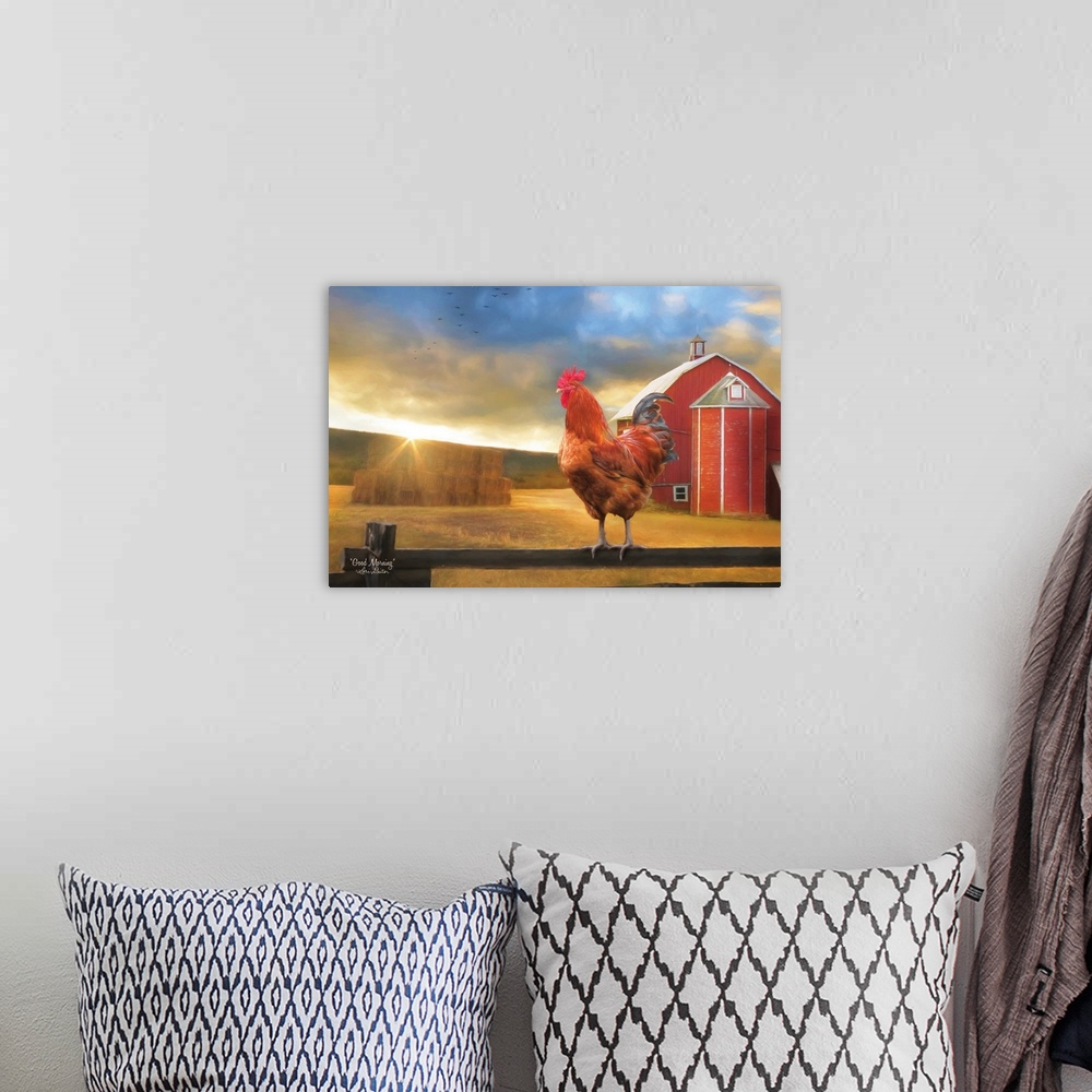 A bohemian room featuring Digital artwork of a rooster with a farm landscape in the background and the title, Good Morning,...