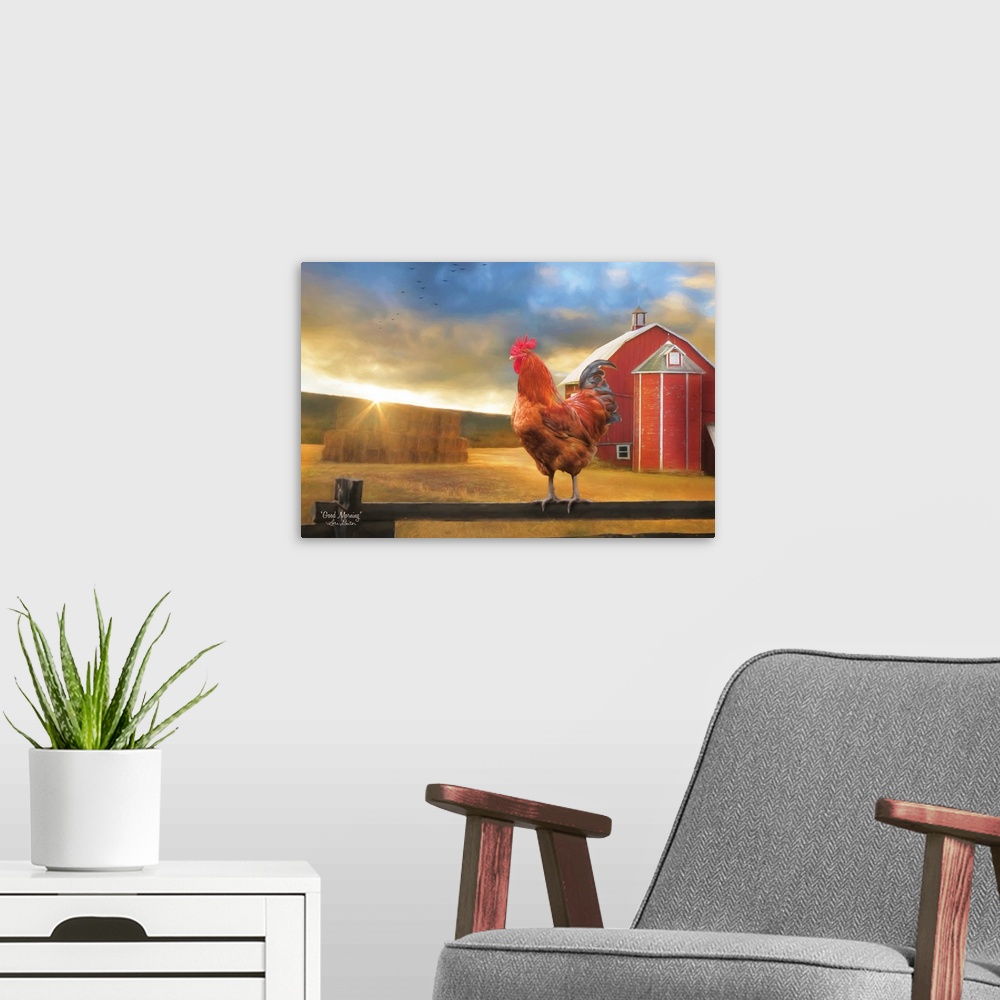 A modern room featuring Digital artwork of a rooster with a farm landscape in the background and the title, Good Morning,...
