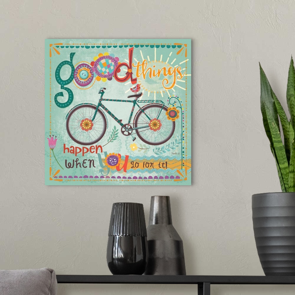 A modern room featuring Fun text in bright colors with a bicycle and floral elements.