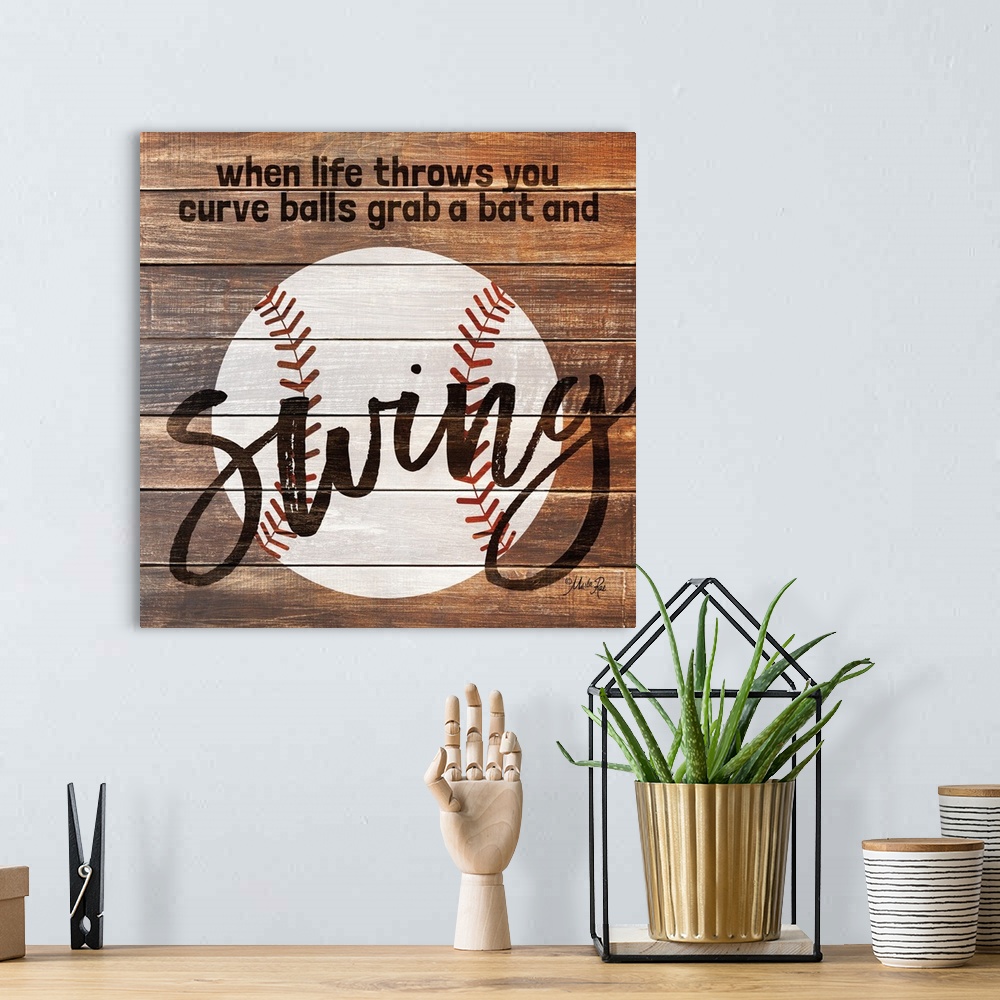 A bohemian room featuring Baseball themed typography art on a wooden board background.