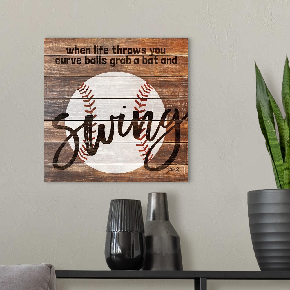 A modern room featuring Baseball themed typography art on a wooden board background.