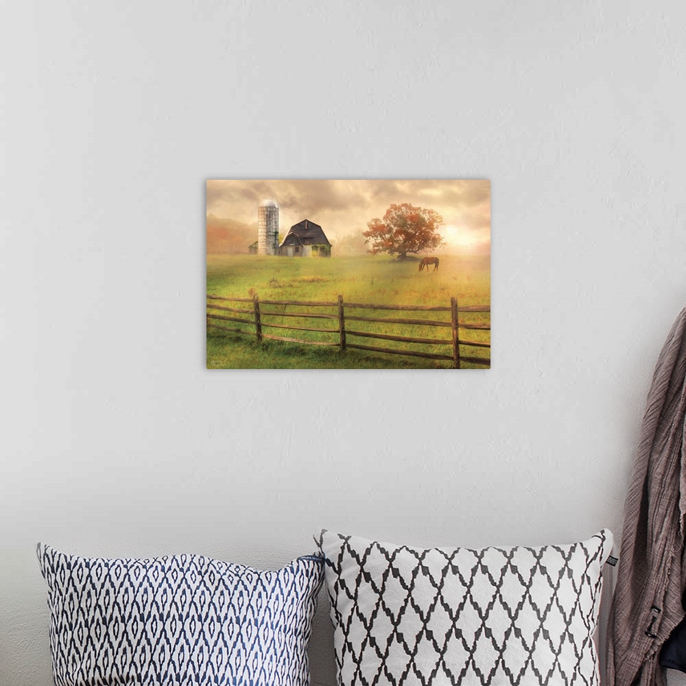 A bohemian room featuring A horse in a field near a barn with a silo and a wooden fence.