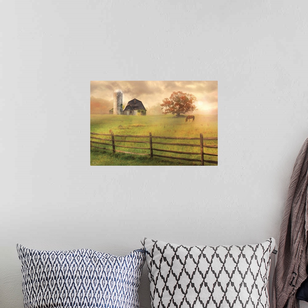 A bohemian room featuring A horse in a field near a barn with a silo and a wooden fence.