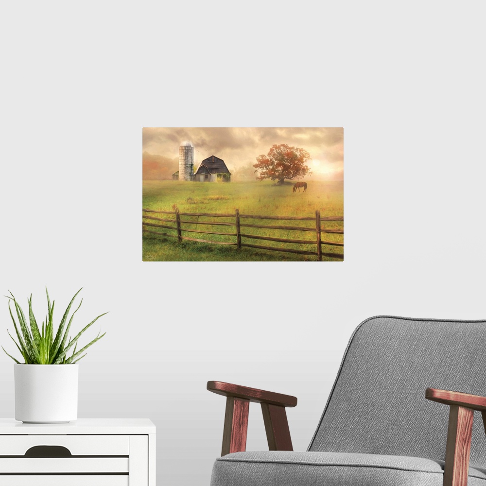 A modern room featuring A horse in a field near a barn with a silo and a wooden fence.