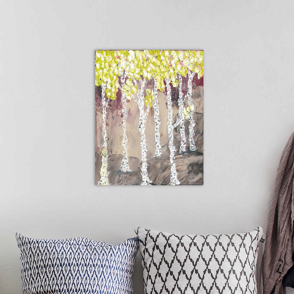 A bohemian room featuring Contemporary artwork of a forest of thin birch trees with yellow leaves.