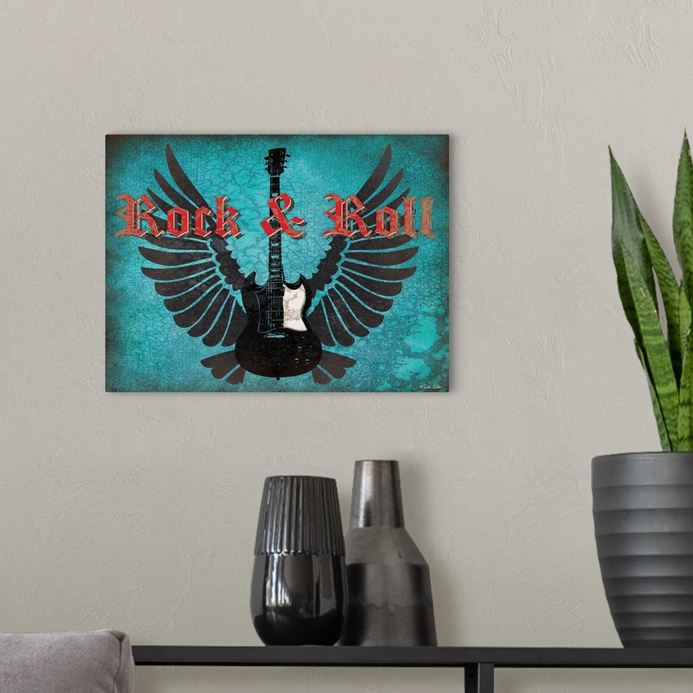A modern room featuring Rock and roll music themed home decor perfect a teen's bedroom.