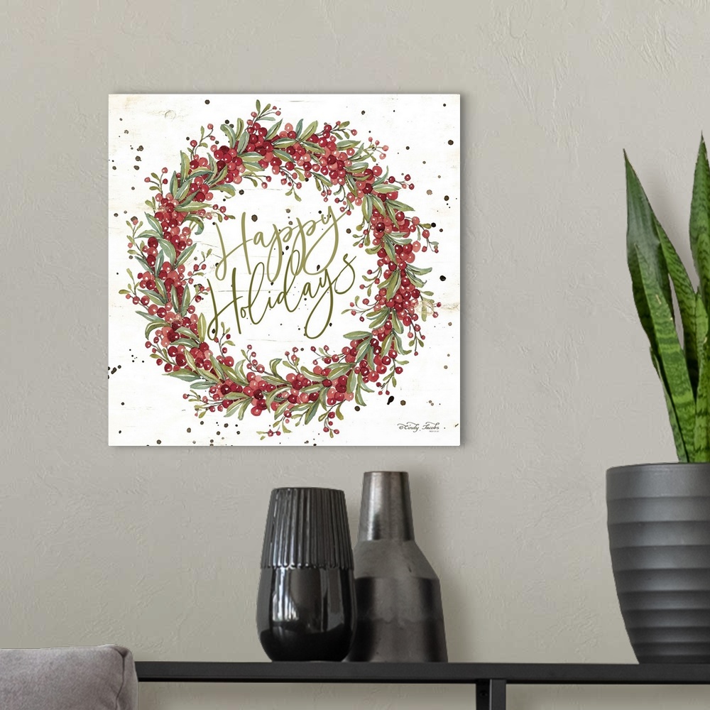A modern room featuring Happy Holidays Berry Wreath
