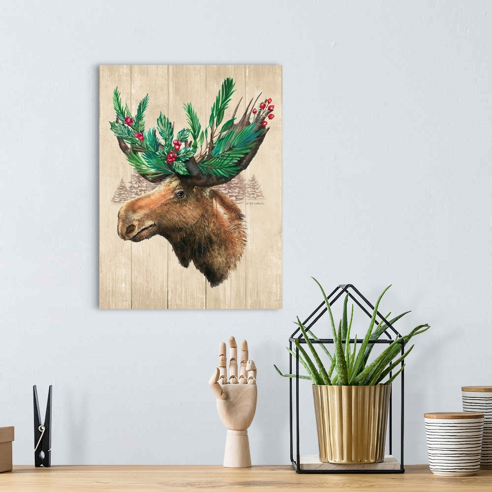 A bohemian room featuring This decorative artwork features a contemplative moose with greenery and berries weaved through i...