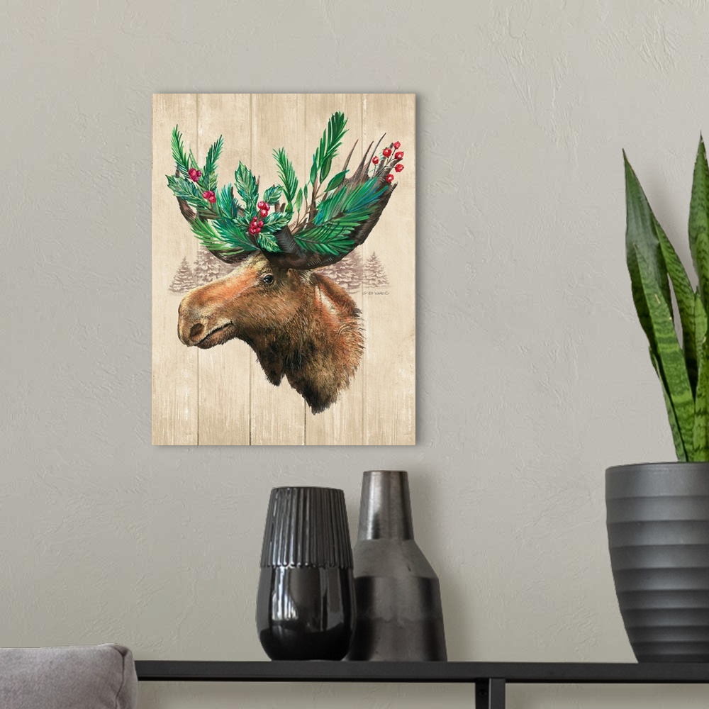 A modern room featuring This decorative artwork features a contemplative moose with greenery and berries weaved through i...