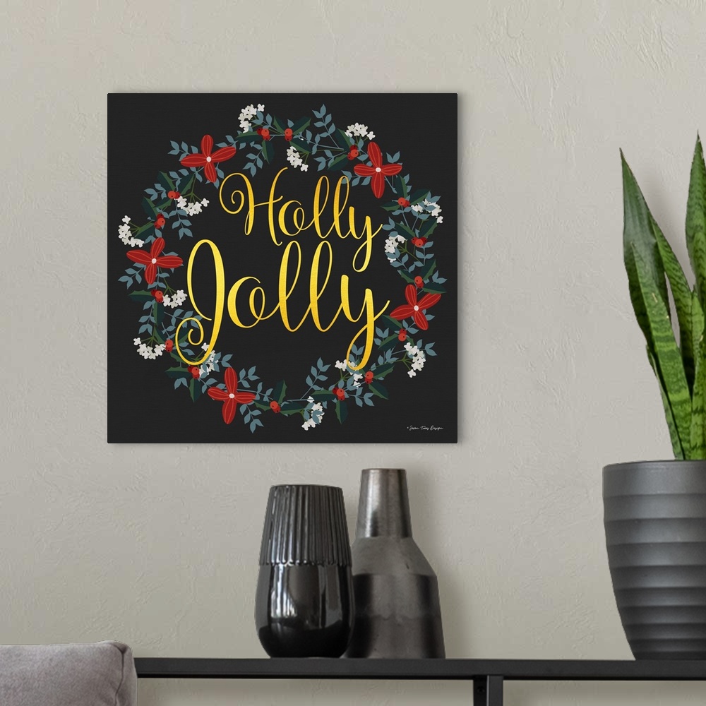 A modern room featuring Holly Jolly Wreath