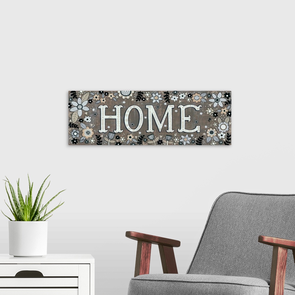A modern room featuring Folk art style sign decorated with a variety of flowers.