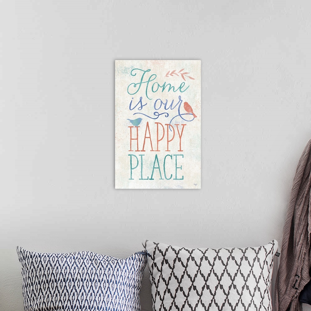 A bohemian room featuring Handlettered home decor art, with colorful text against a distressed background.
