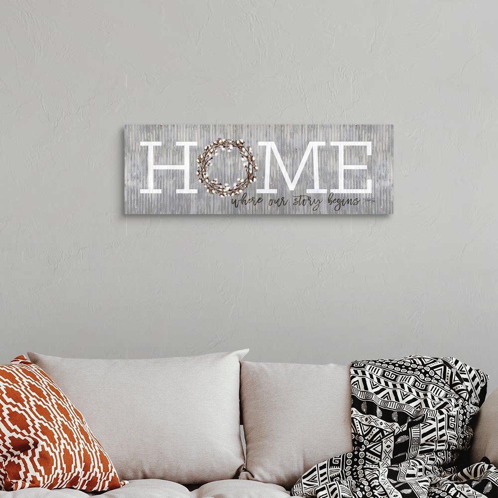 A bohemian room featuring "Home Where Our Story Begins" on a gray distressed metal background.