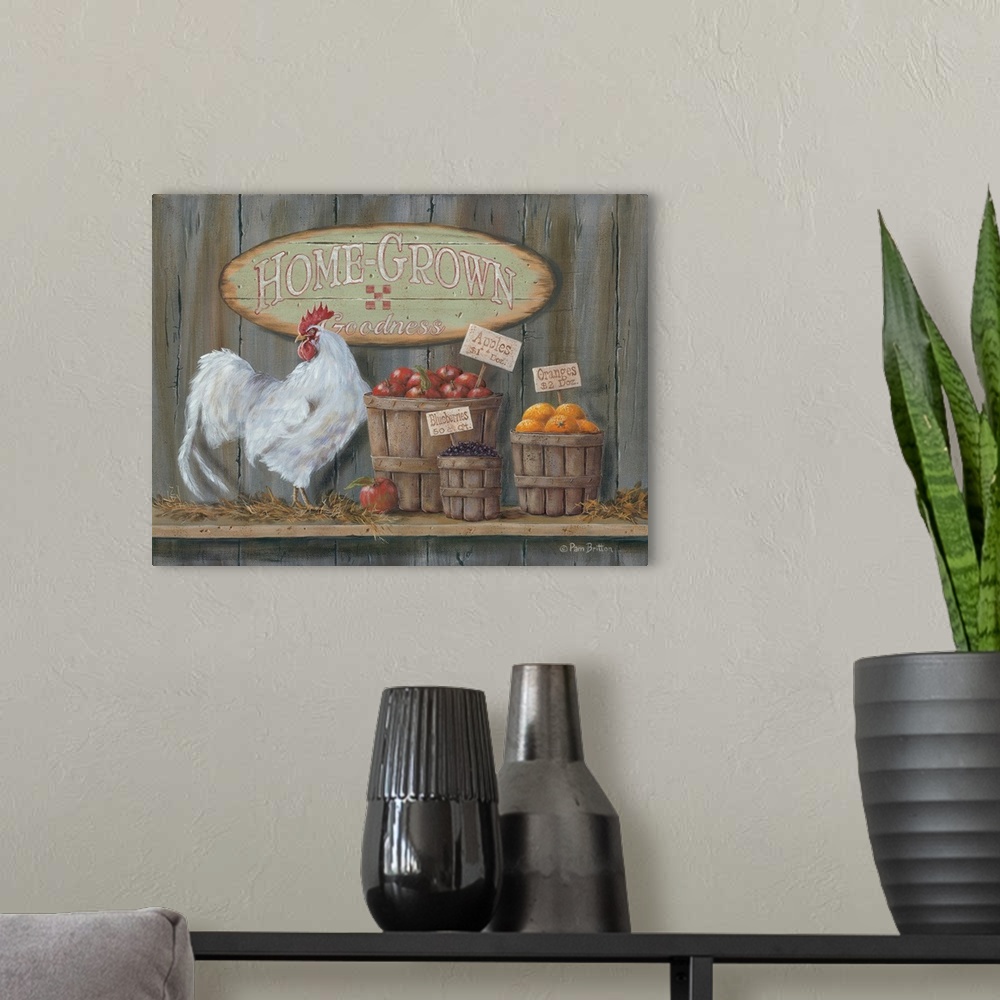 A modern room featuring A white chicken with small barrels of fresh produce with a sign that reads "Homegrown Goodness."