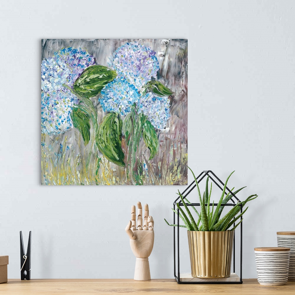 A bohemian room featuring Contemporary painting of blue and lavender hydrangeas blossoming.