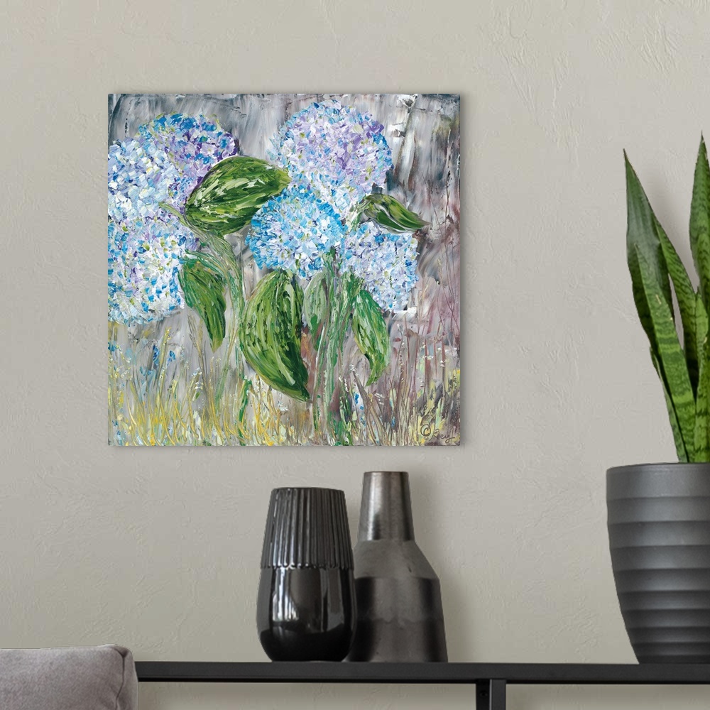 A modern room featuring Contemporary painting of blue and lavender hydrangeas blossoming.