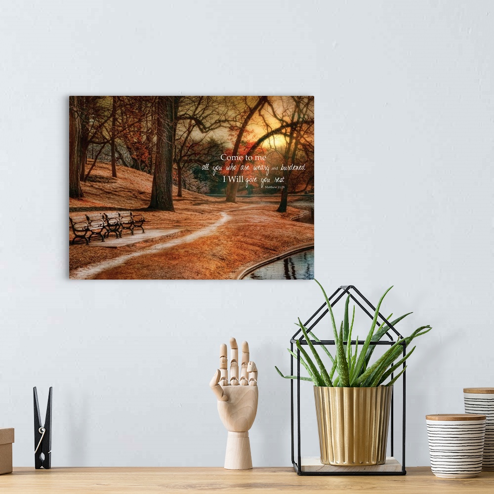 A bohemian room featuring A path through a park in autumn at sunset, with a bible verse.