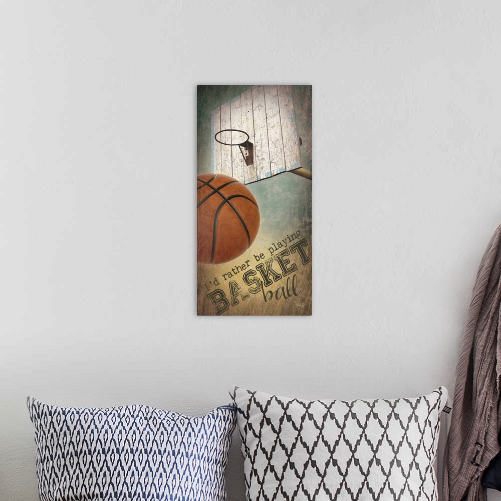 A bohemian room featuring A basketball typography design with a ball and the hoop and backboard.