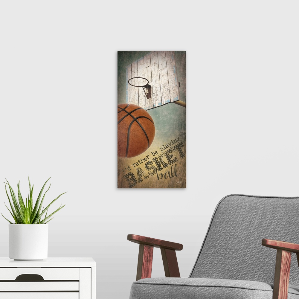 A modern room featuring A basketball typography design with a ball and the hoop and backboard.