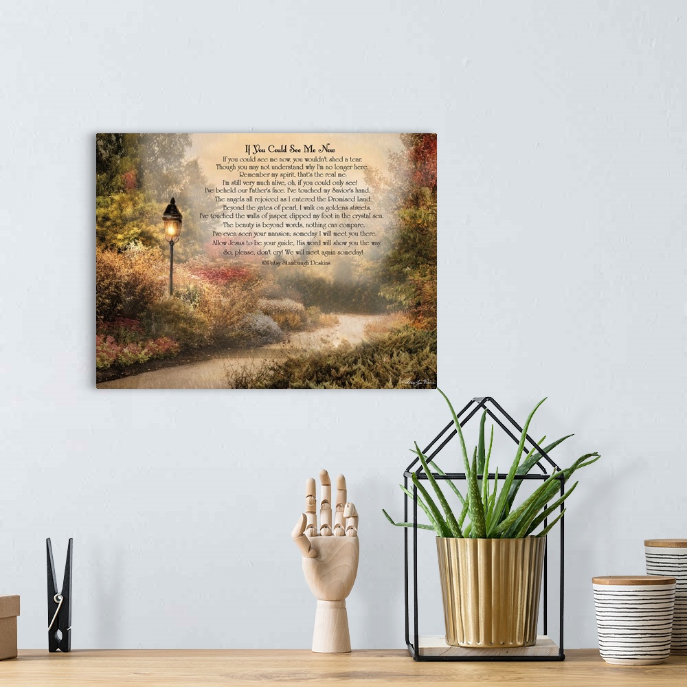 A bohemian room featuring Sentimental poem about life over an image of a streetlamp near a garden path in low evening light.