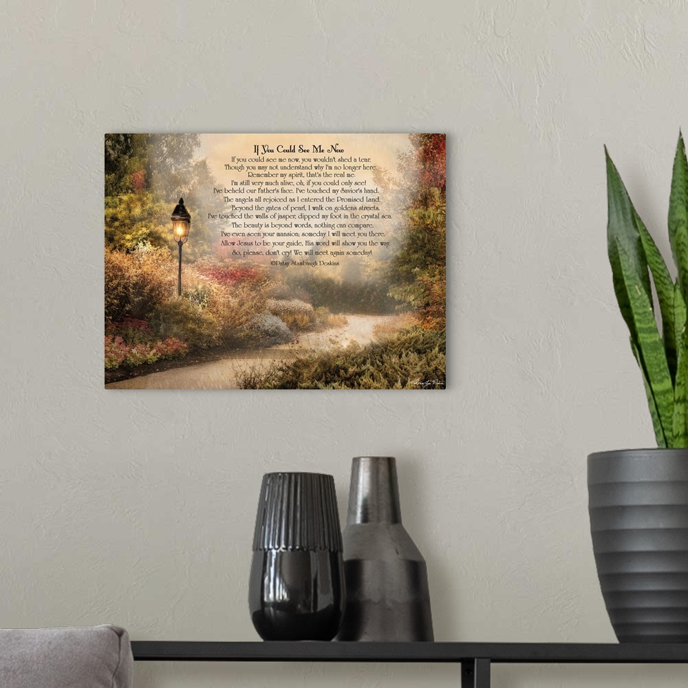 A modern room featuring Sentimental poem about life over an image of a streetlamp near a garden path in low evening light.