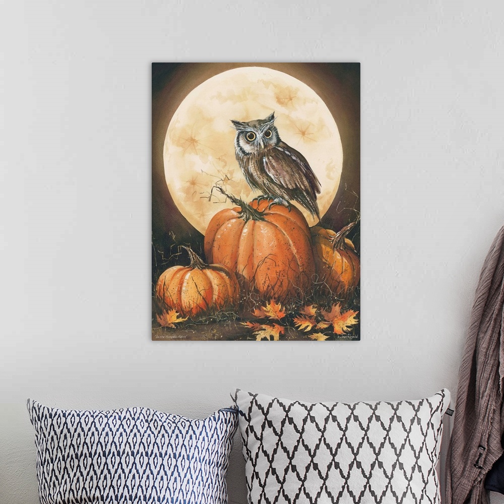 A bohemian room featuring Contemporary autumn harvest themed painting.