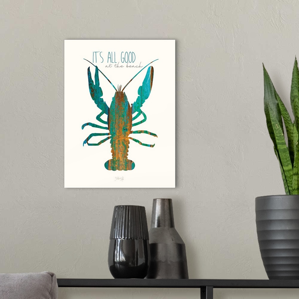 A modern room featuring Lobster silhouette with a turquoise and orange weathered wood effect.