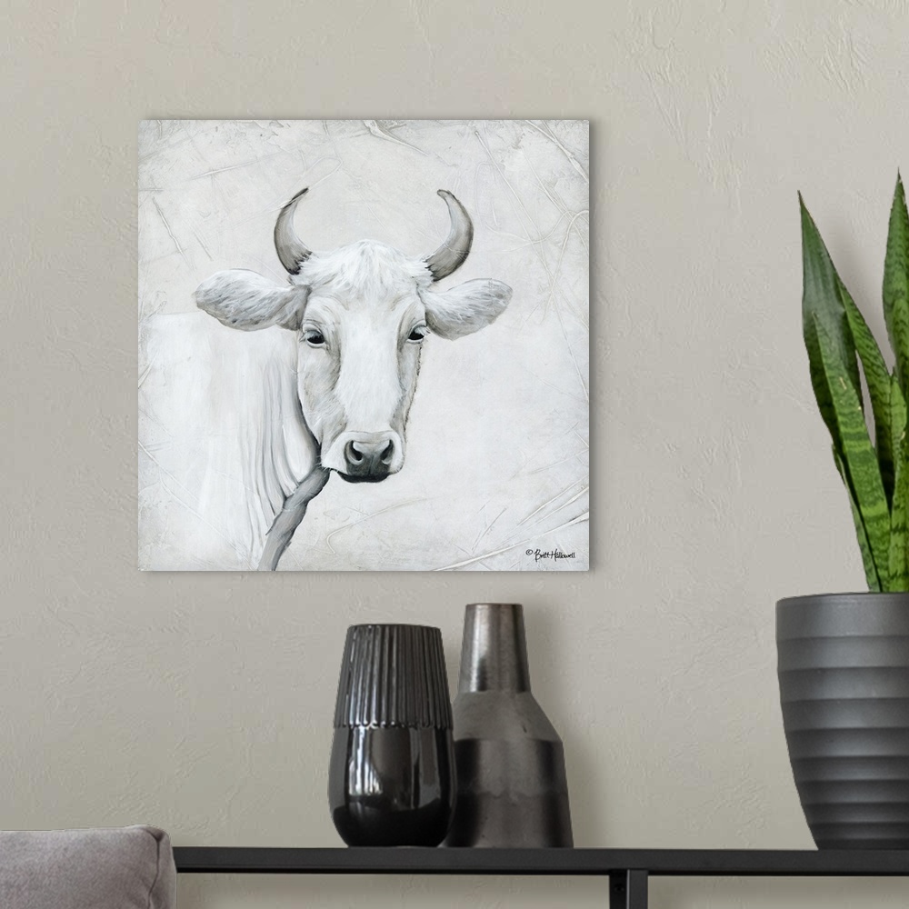 A modern room featuring Portrait of a white cow with curved horns.