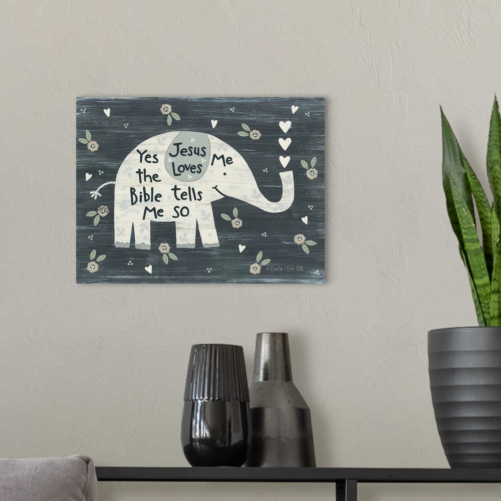 A modern room featuring Jesus Loves Me Elephant
