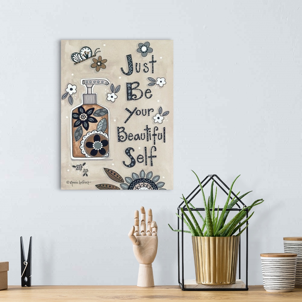 A bohemian room featuring Decorative artwork of a soap bottle with floral elements.