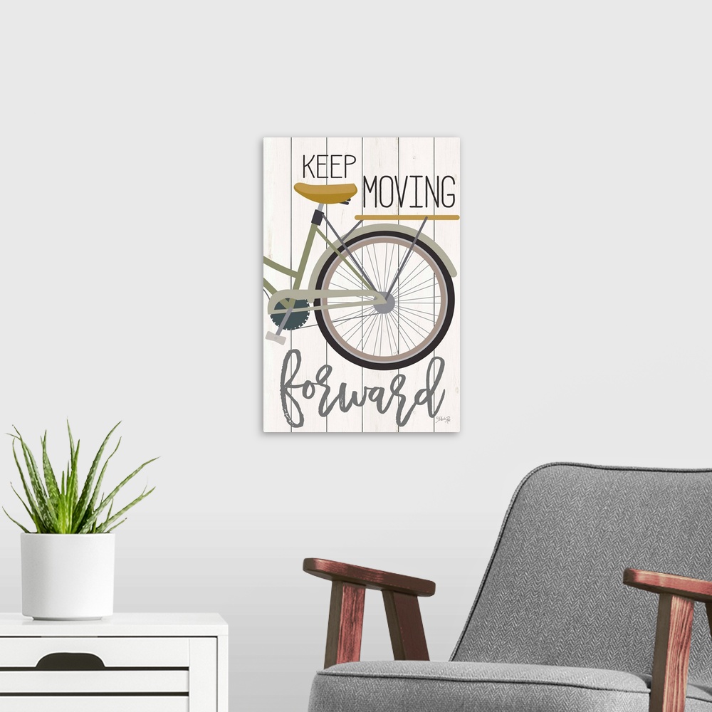A modern room featuring "Keep Moving Forward" with a bicycle design on a white wood plank background.