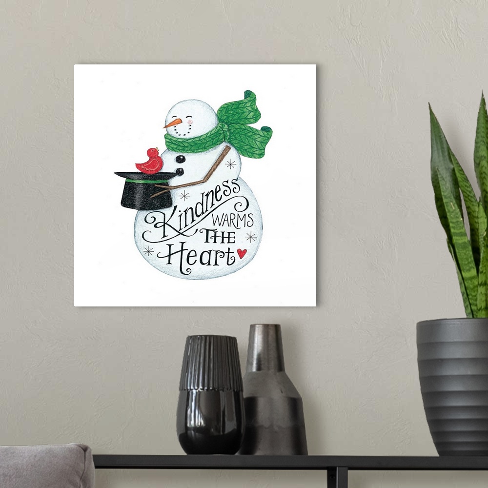 A modern room featuring Kindness Warms the Heart Snowman
