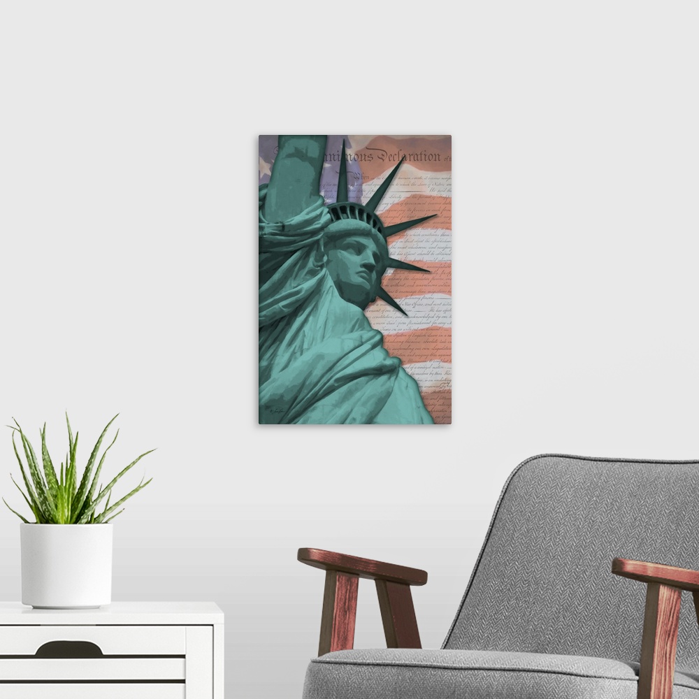 A modern room featuring Lady Liberty