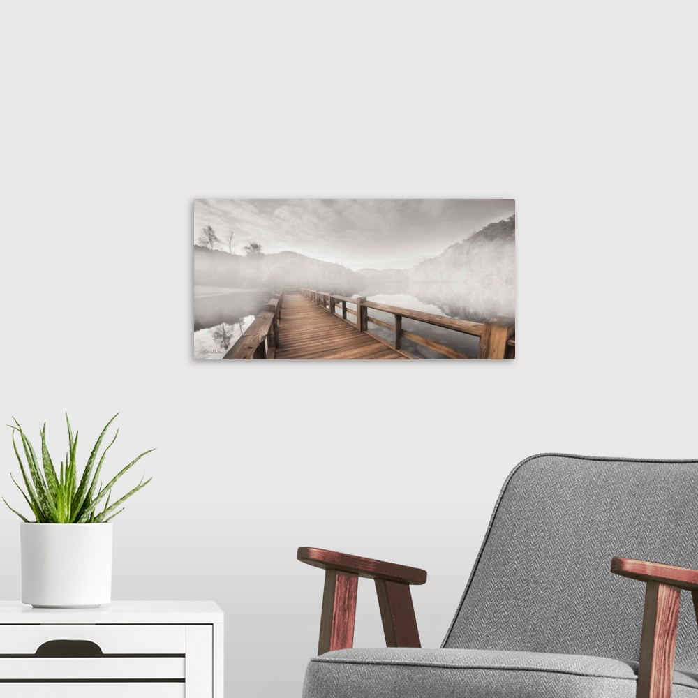 A modern room featuring Photograph of a dock in the fog.