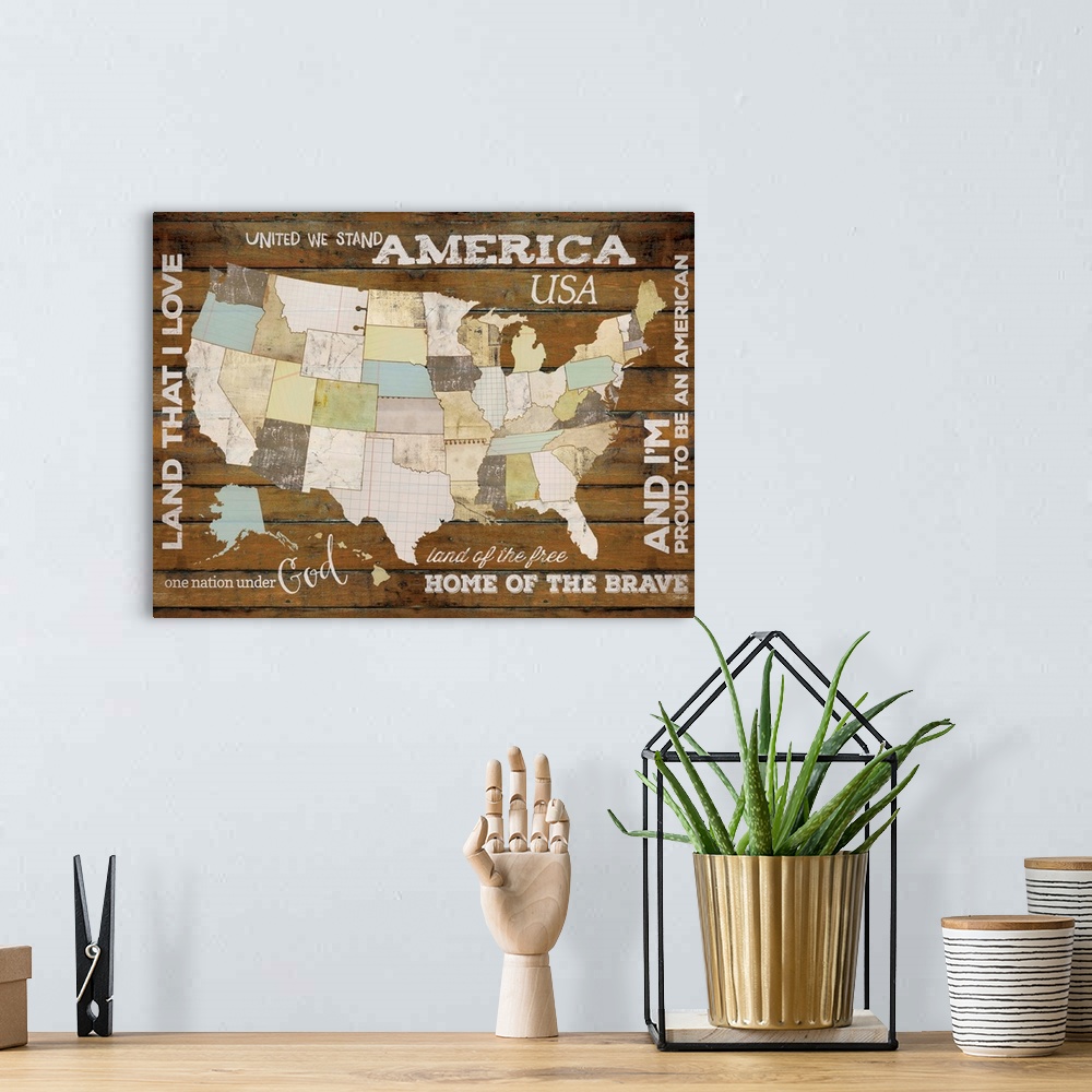 A bohemian room featuring A map of the United States of America with phrases from patriotic songs.