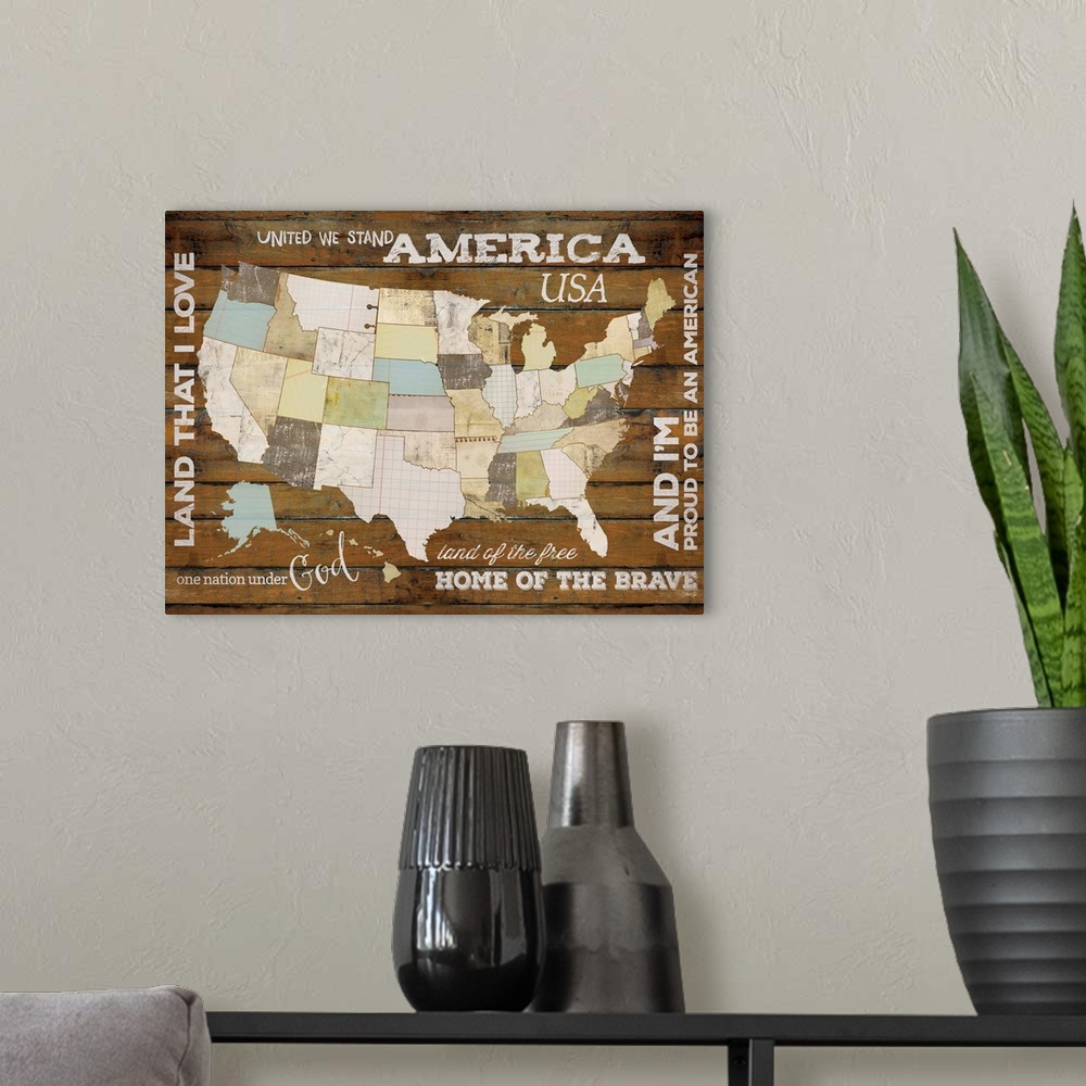 A modern room featuring A map of the United States of America with phrases from patriotic songs.