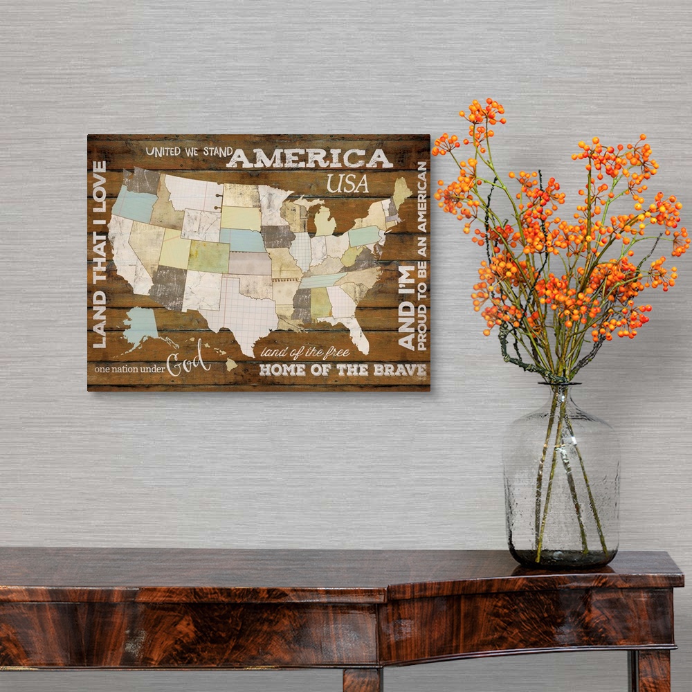 A traditional room featuring A map of the United States of America with phrases from patriotic songs.