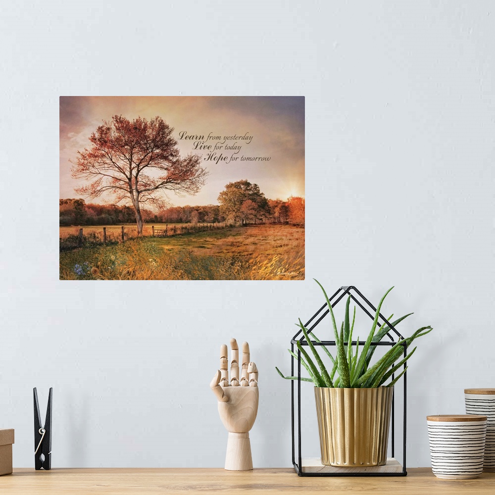 A bohemian room featuring An inspiration quote over an image of a field at sunset with tall trees and a fence.