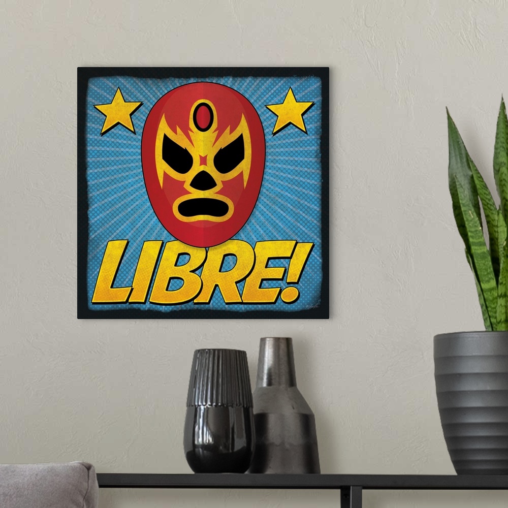 A modern room featuring Kids' artwork of a red luchador mask with a star motif.