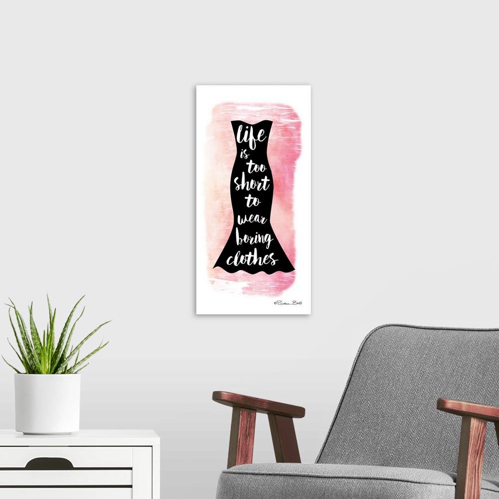 A modern room featuring Sassy quote about fashion in white script on a dress silhouette, over pink watercolor.