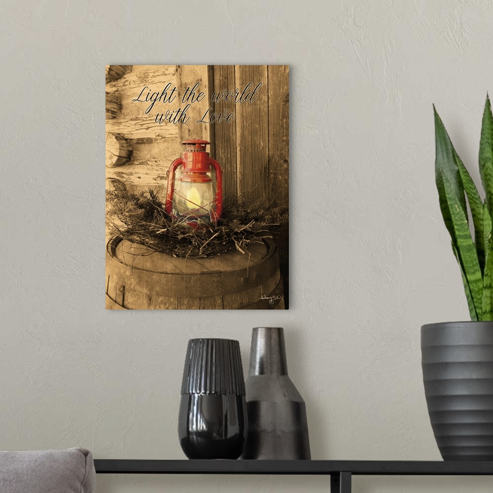 A modern room featuring The words: Light the world with love, are placed over a red lantern against desaturated background.