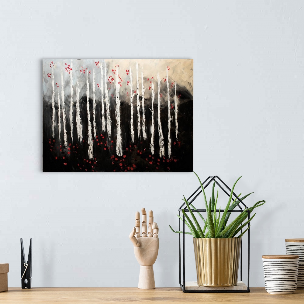 A bohemian room featuring Contemporary painting of a forest of slender white birch trees speckled with red leaves.