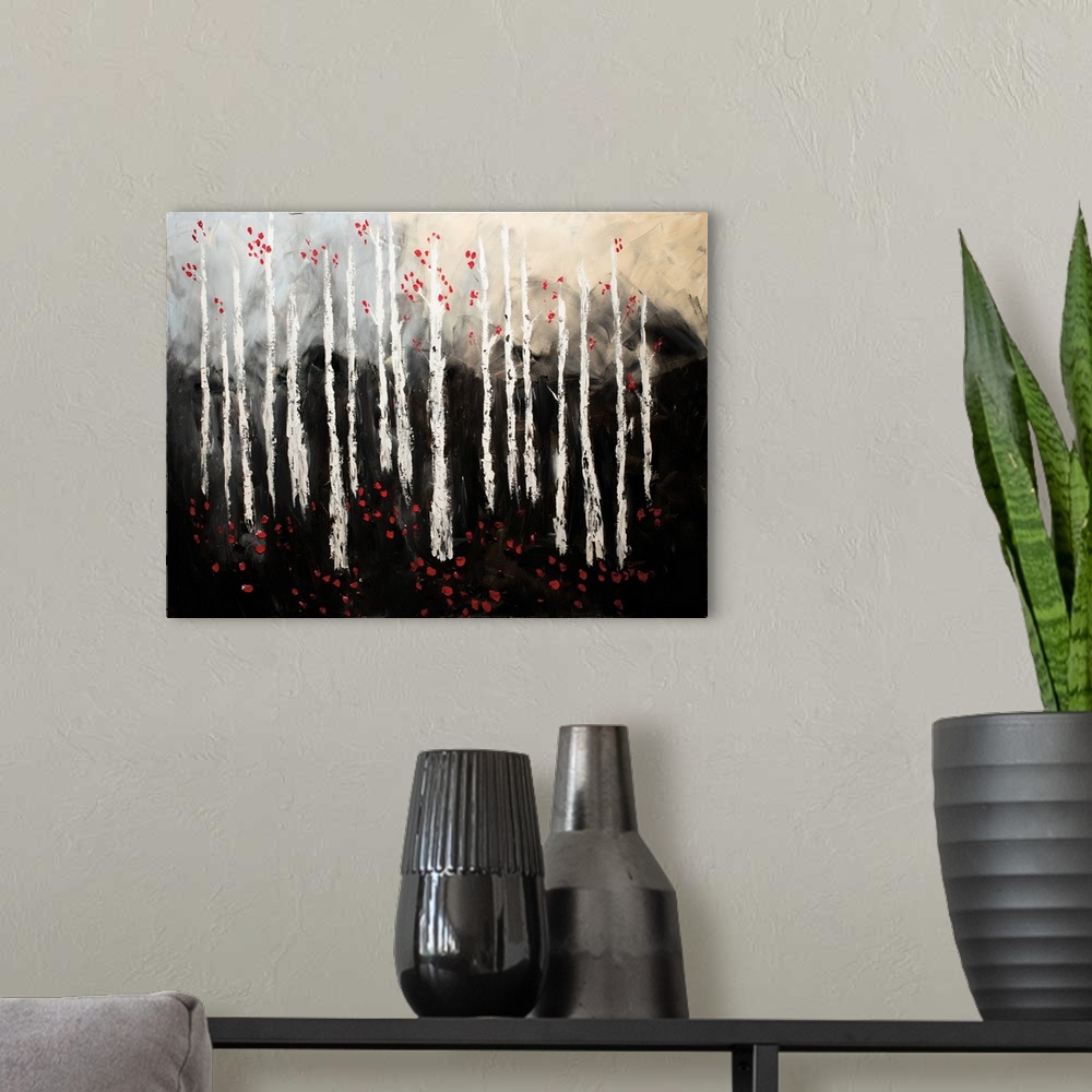 A modern room featuring Contemporary painting of a forest of slender white birch trees speckled with red leaves.