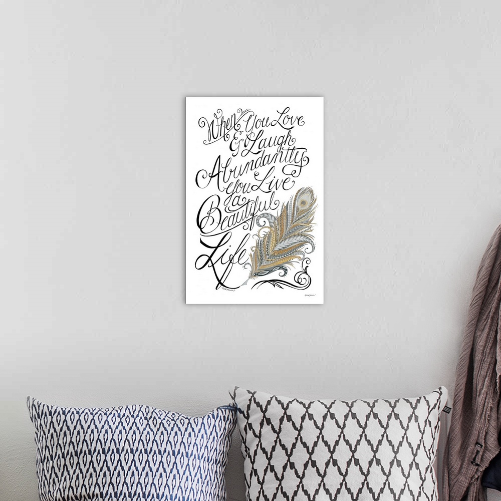 A bohemian room featuring Inspirational hand-lettered modern calligraphy artwork appreciating life's moments, with a fancif...